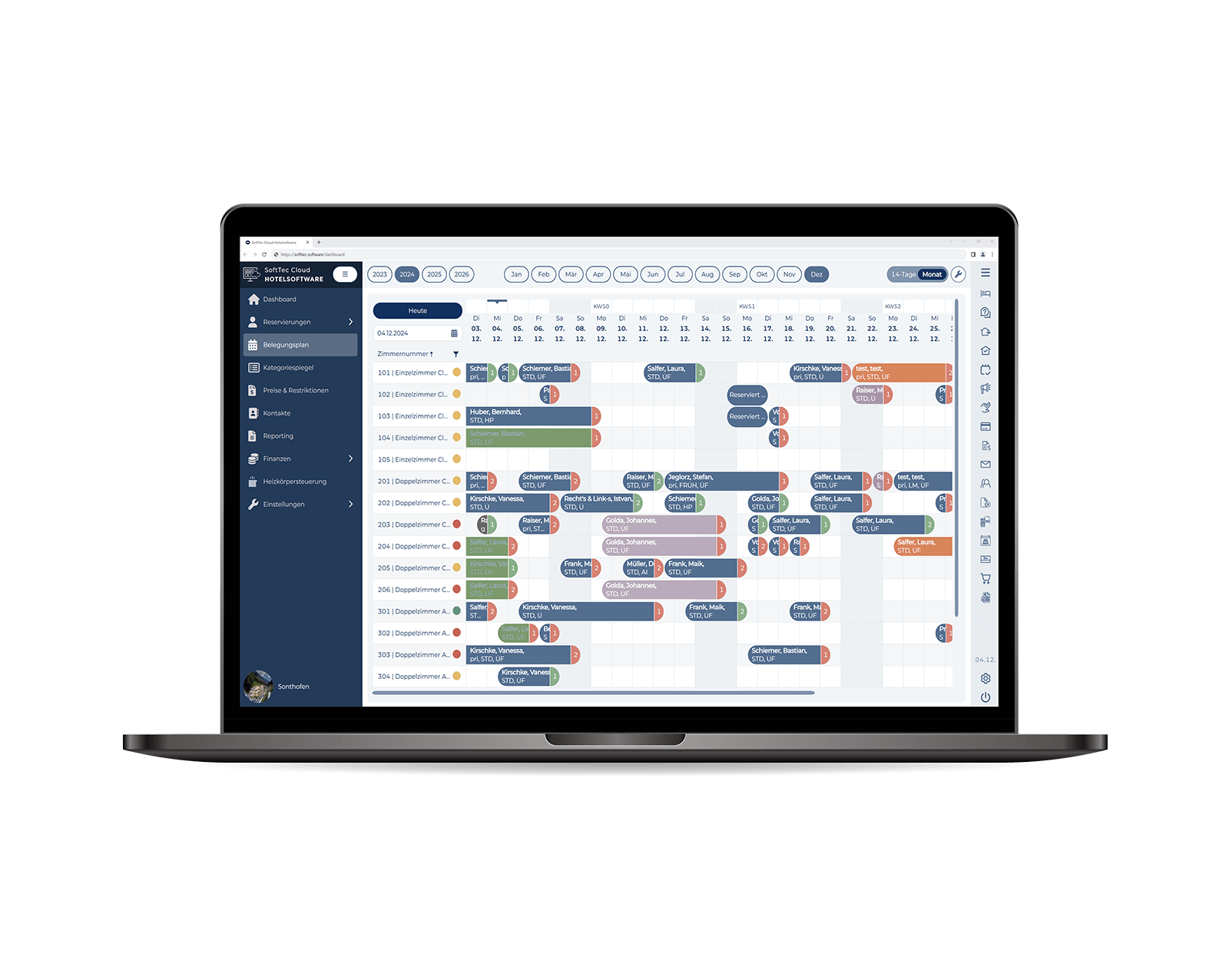 Im modernen Belegungsplan der SoftTec Cloud Hotelsoftware haben Sie einen direkten Überblick über Verfügbarkeiten und gebuchte Zimmer.