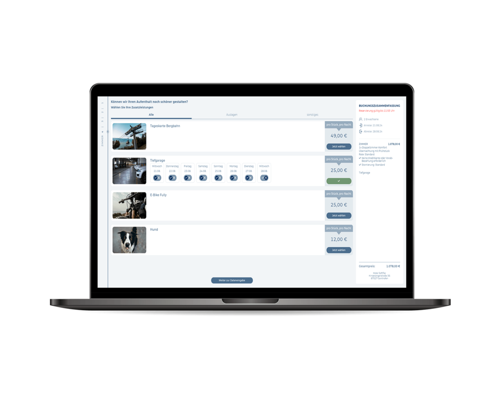 Mit dem Online Buchungssystem der Cloud Hotelsoftware stärken Sie Ihren Direktvertrieb. Die einfache, moderne Nutzerführung ermöglicht eine einfache Buchung vom Aufenthalt und Zusatzleistungen.