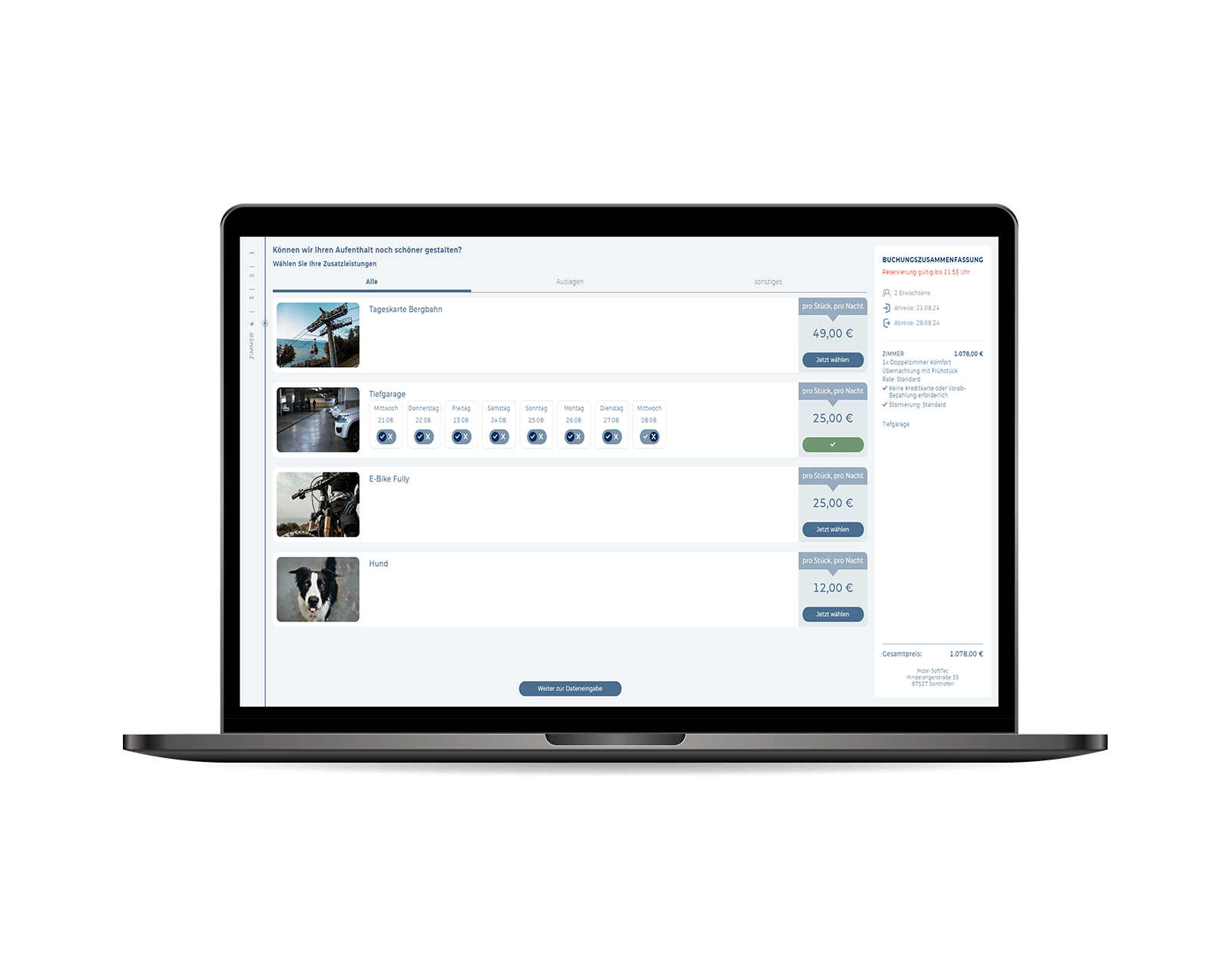 Mit dem Online Buchungssystem der Cloud Hotelsoftware stärken Sie Ihren Direktvertrieb. Die einfache, moderne Nutzerführung ermöglicht eine einfache Buchung vom Aufenthalt und Zusatzleistungen.