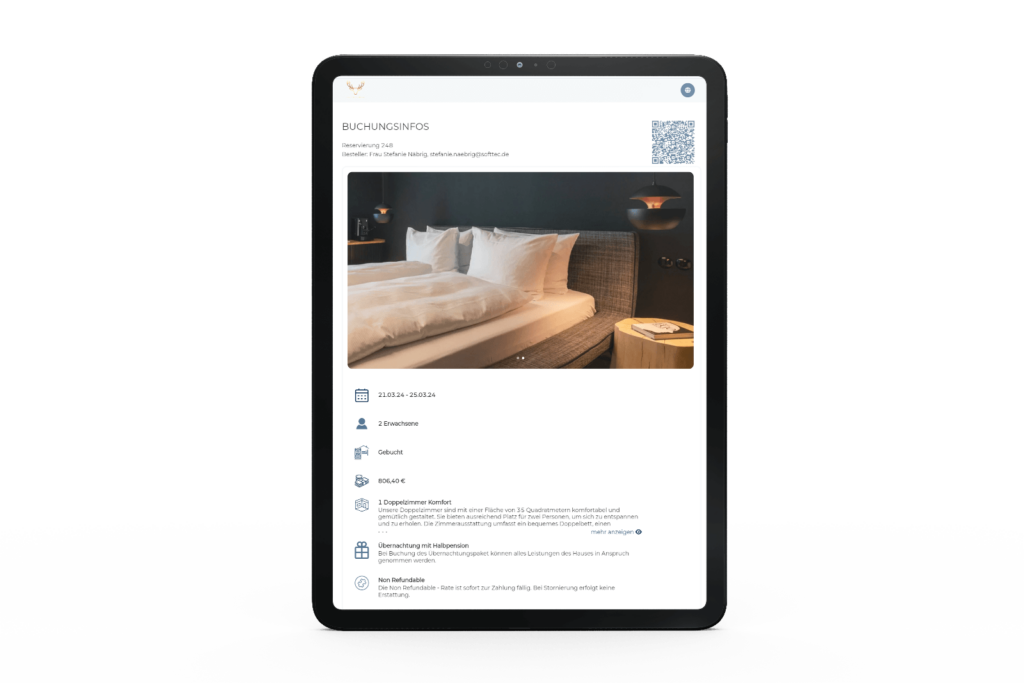 Mit dem digitalen Meldeschein der SoftTec Cloud Hotelsoftware werden Gästedaten einfach und papierlos erfasst. Verfügbar an allen Endgeräten hat man einen optimalen Überblick über alle Buchungsdaten.