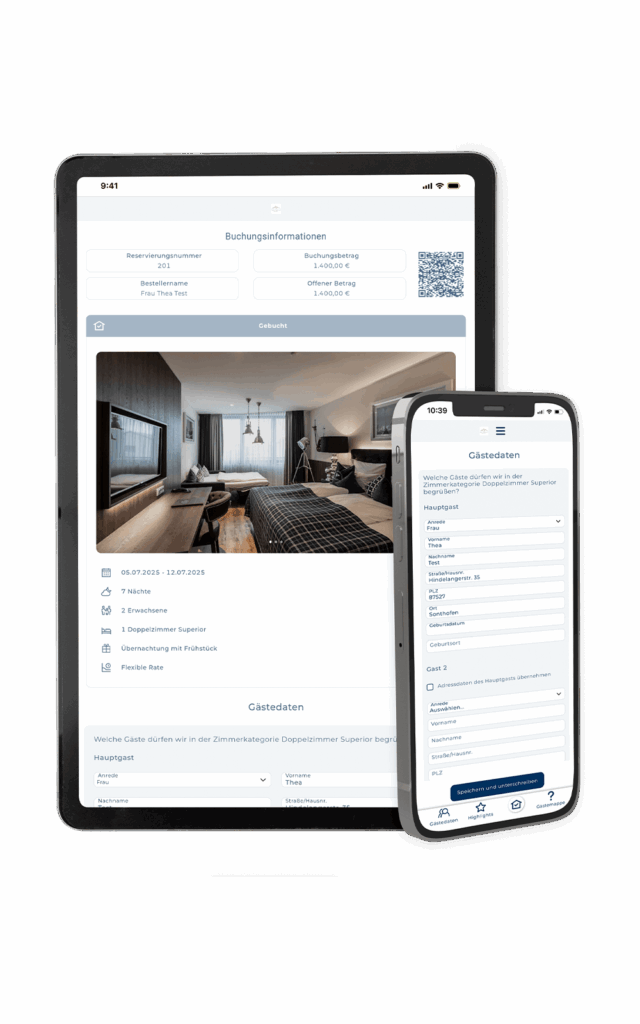 Mit dem digitalen Meldeschein der SoftTec Cloud Hotelsoftware werden Gästedaten einfach und papierlos erfasst. Verfügbar an allen Endgeräten hat man einen optimalen Überblick über alle Buchungsdaten und Hotelinfos.