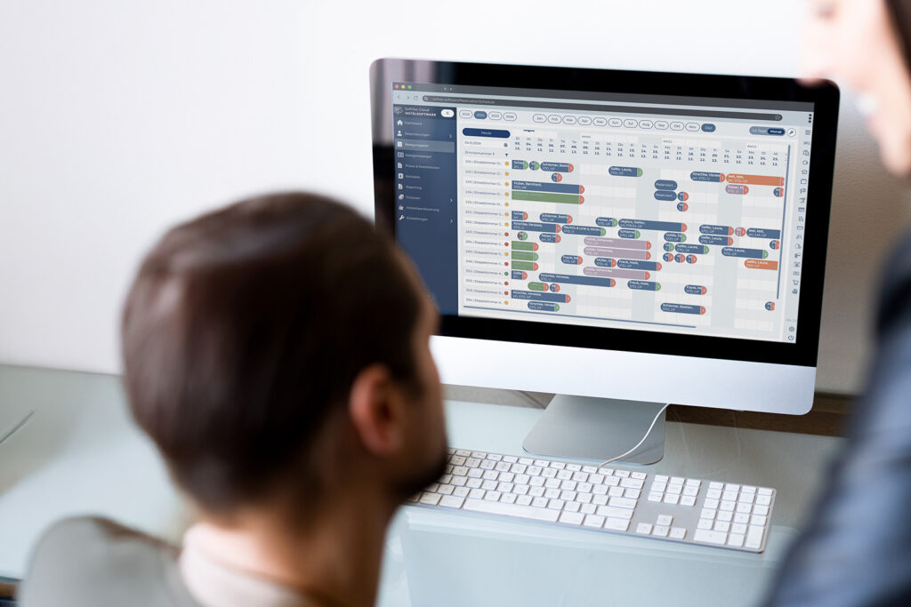 Der moderne Belegungsplan der SoftTec Cloud Hotelsoftware macht die Arbeit an der Hotelrezeption noch effizienter.